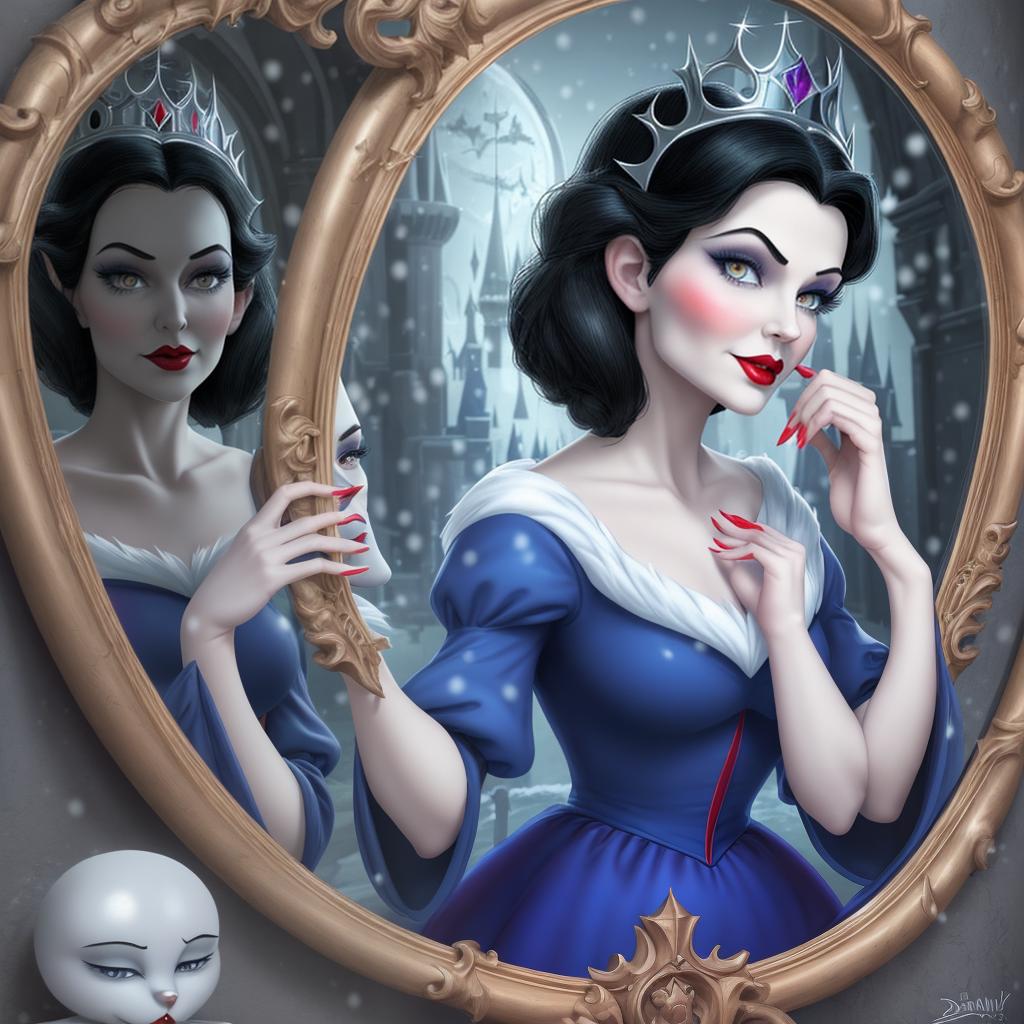  Disney cartoon snow White mother evil queen looking to mirror