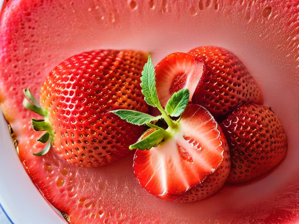  A closeup, ultradetailed image of a perfectly ripe strawberry sliced in half, showcasing its vibrant red color, glistening seeds, and intricate texture, set against a simple, white background. hyperrealistic, full body, detailed clothing, highly detailed, cinematic lighting, stunningly beautiful, intricate, sharp focus, f/1. 8, 85mm, (centered image composition), (professionally color graded), ((bright soft diffused light)), volumetric fog, trending on instagram, trending on tumblr, HDR 4K, 8K