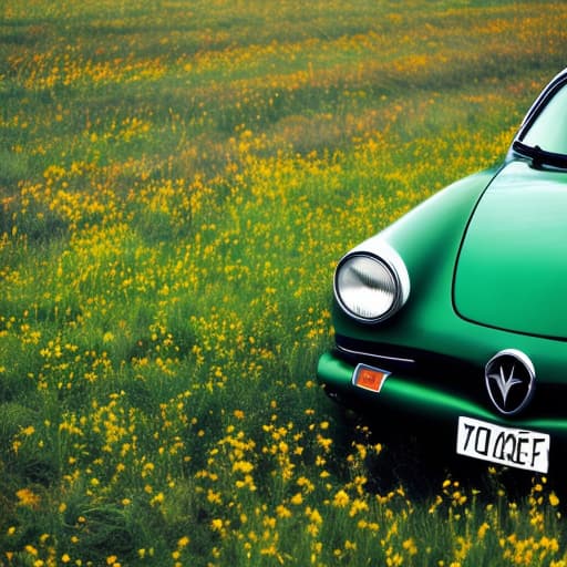  Car green grass with flowers