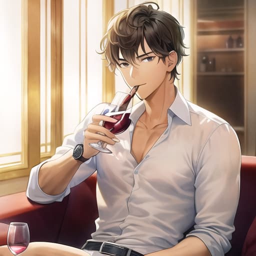  master piece , best quality,He's wearing a shirt, he's a calm, beautiful boy, he's drinking wine, he's in a hotel lounge, he's wearing a wristwatch, he's about to make a toast.