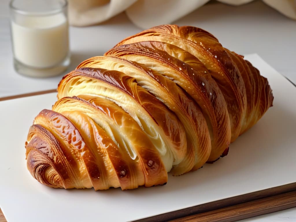  An ultradetailed closeup image of a perfectly goldenbrown flaky croissant, freshly baked and glistening with a light buttery sheen. The layers of the croissant are visible, showcasing the skill and precision of the baker in achieving the delicate, airy texture. The background is a subtle, soft blur, emphasizing the intricate details of the pastry itself. hyperrealistic, full body, detailed clothing, highly detailed, cinematic lighting, stunningly beautiful, intricate, sharp focus, f/1. 8, 85mm, (centered image composition), (professionally color graded), ((bright soft diffused light)), volumetric fog, trending on instagram, trending on tumblr, HDR 4K, 8K