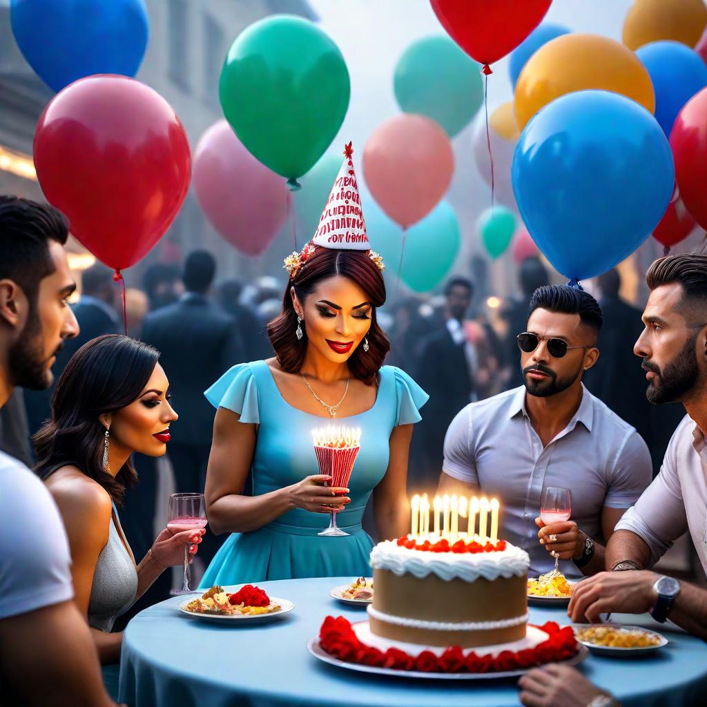  Birthday party hyperrealistic, full body, detailed clothing, highly detailed, cinematic lighting, stunningly beautiful, intricate, sharp focus, f/1. 8, 85mm, (centered image composition), (professionally color graded), ((bright soft diffused light)), volumetric fog, trending on instagram, trending on tumblr, HDR 4K, 8K