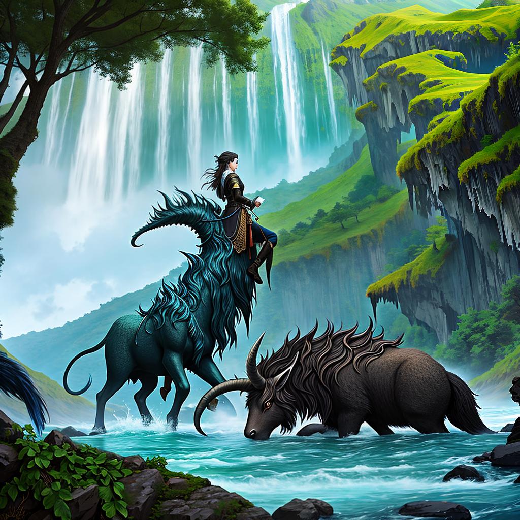  in a fantasy setting, Paint a surreal landscape where mythical beasts roam amidst cascading waterfalls.