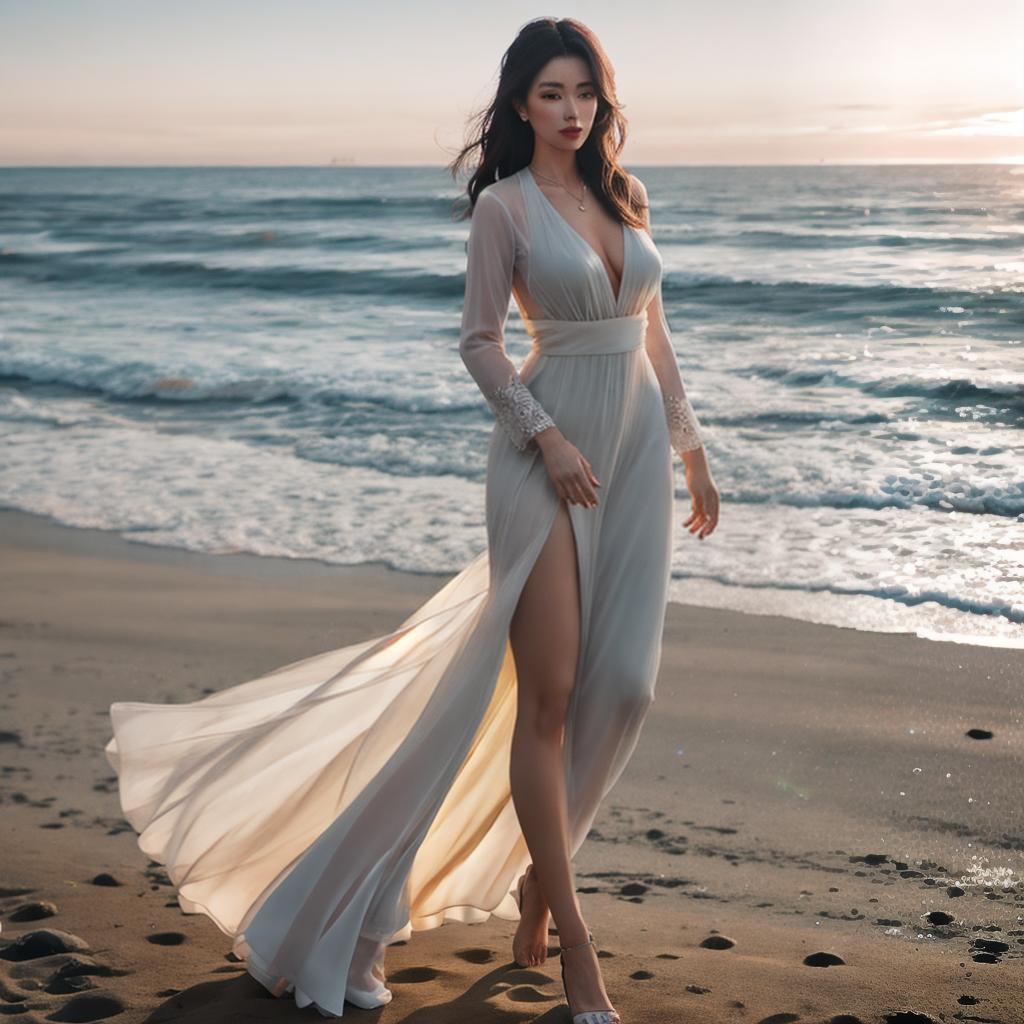  Girl on the beach hyperrealistic, full body, detailed clothing, highly detailed, cinematic lighting, stunningly beautiful, intricate, sharp focus, f/1. 8, 85mm, (centered image composition), (professionally color graded), ((bright soft diffused light)), volumetric fog, trending on instagram, trending on tumblr, HDR 4K, 8K