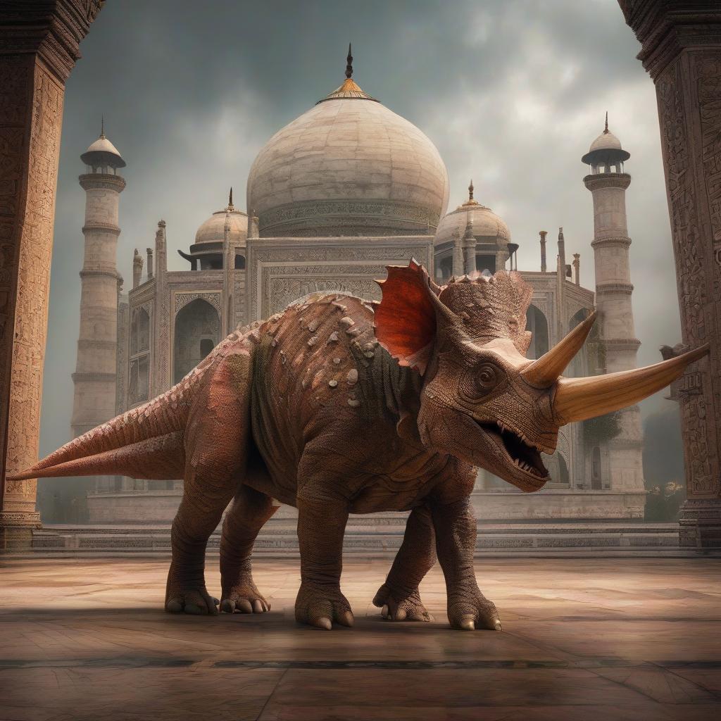  Mean Triceratops, inside of a Energizing Taj Mahal, surrealism, L USM, stylized by John William Waterhouse, romantic, surreal, detailed, contemporary fine detail, intricate detail, highly color focused, fine polished, stunning, dynamic dramatic beautiful full taking, highly contrasted, highly enhanced, dynamic cinematic perfect background hyperrealistic, full body, detailed clothing, highly detailed, cinematic lighting, stunningly beautiful, intricate, sharp focus, f/1. 8, 85mm, (centered image composition), (professionally color graded), ((bright soft diffused light)), volumetric fog, trending on instagram, trending on tumblr, HDR 4K, 8K