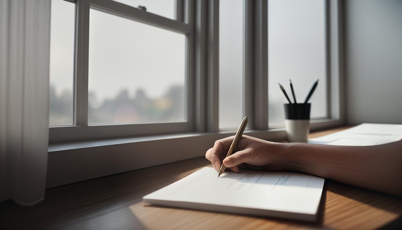  cinematic, aesthetic, Extended hand holding a pen, blank sheet of paper waiting to be filled, warm and open setting, gentle light from a window, inviting atmosphere, 4k, HDR, lens flare