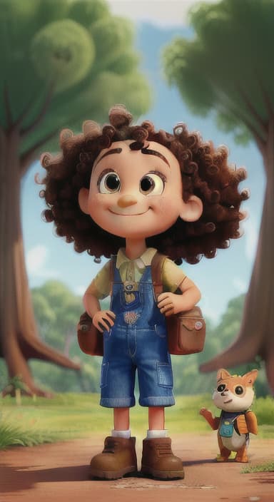  {The tree with a smiling face formed by its bark, looking down at Riley., Riley, a curious with big brown eyes and curly hair, wearing overalls and carrying a small backpack. Their friend, Skye, a bluebird with shiny feathers.