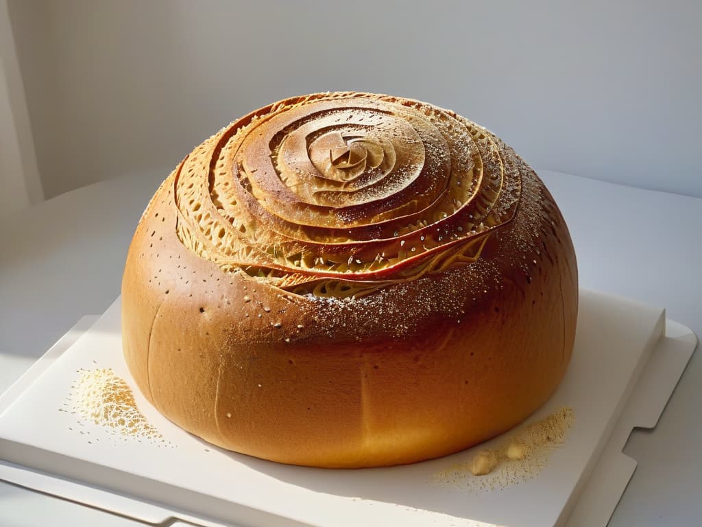  A closeup, ultradetailed image of a beautifully intricate sourdough bread loaf, showcasing the delicate patterns on the crust, the golden brown color, and the slight dusting of flour on its surface. The texture of the bread is visible, with tiny air bubbles creating a light and airy crumb structure. The lighting is soft, emphasizing the artisanal and handmade nature of the bread, all against a simple, clean background to highlight the craftsmanship and simplicity of ancestral fermentation techniques in baking. hyperrealistic, full body, detailed clothing, highly detailed, cinematic lighting, stunningly beautiful, intricate, sharp focus, f/1. 8, 85mm, (centered image composition), (professionally color graded), ((bright soft diffused light)), volumetric fog, trending on instagram, trending on tumblr, HDR 4K, 8K