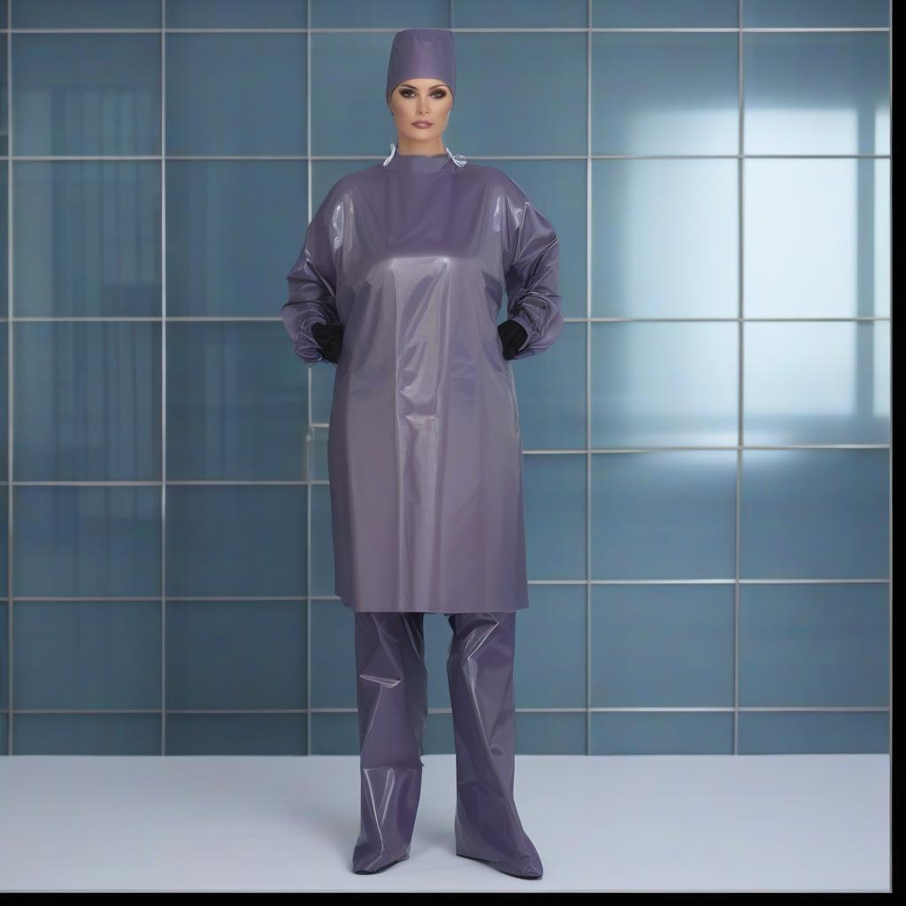  "(Highly detailed: 1.2), (lone female surgeon standing: 1.1) in (glossy latex: 1.2) (dark green: 1.1) and (dark blue: 1.1), (full length: 1.2), (front view: 1.2), (full face:1.2), • Surgical outfit: (Glossy Straight Fit Latex Surgical Gown: 1.1), (Fit Size: 1.1), (Knee Length: 1.2), (Closed Collar: 1.1), (No Pockets: 1.1), (elastic waistband: 1.1), (long sleeves: 1.1), (elastic cuffs: 1.1), (glossy shower cap with elastic ribbon: 1.1, (surgical mask with glossy ribbon ties: 1.2), (ankle length surgical trousers in glossy latex: 1.1), (shoe covers: 1.1) (knee high: 1.1) or (boot style: 1.1), (long surgical gloves: 1.1). • two color surgical gown: (The gown is worn backwards, fastened at the back, tied at the neck and waist) (The dress i hyperrealistic, full body, detailed clothing, highly detailed, cinematic lighting, stunningly beautiful, intricate, sharp focus, f/1. 8, 85mm, (centered image composition), (professionally color graded), ((bright soft diffused light)), volumetric fog, trending on instagram, trending on tumblr, HDR 4K, 8K