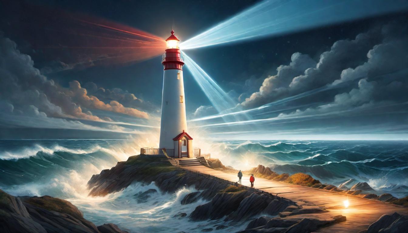  digital illustration, A lighthouse beam splitting into multiple paths, choices illuminated, guidance, clarity amidst uncertainty, looking at viewer, dynamic pose, (intricate details, masterpiece, best quality)