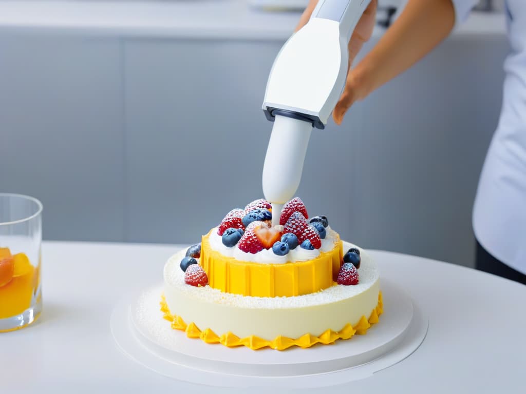  A minimalist and futuristic image of a sleek robotic arm delicately decorating a colorful and intricate dessert with precision and artistry in a clean, white kitchen setting, showcasing the advanced technology and creativity in dessert customization. hyperrealistic, full body, detailed clothing, highly detailed, cinematic lighting, stunningly beautiful, intricate, sharp focus, f/1. 8, 85mm, (centered image composition), (professionally color graded), ((bright soft diffused light)), volumetric fog, trending on instagram, trending on tumblr, HDR 4K, 8K