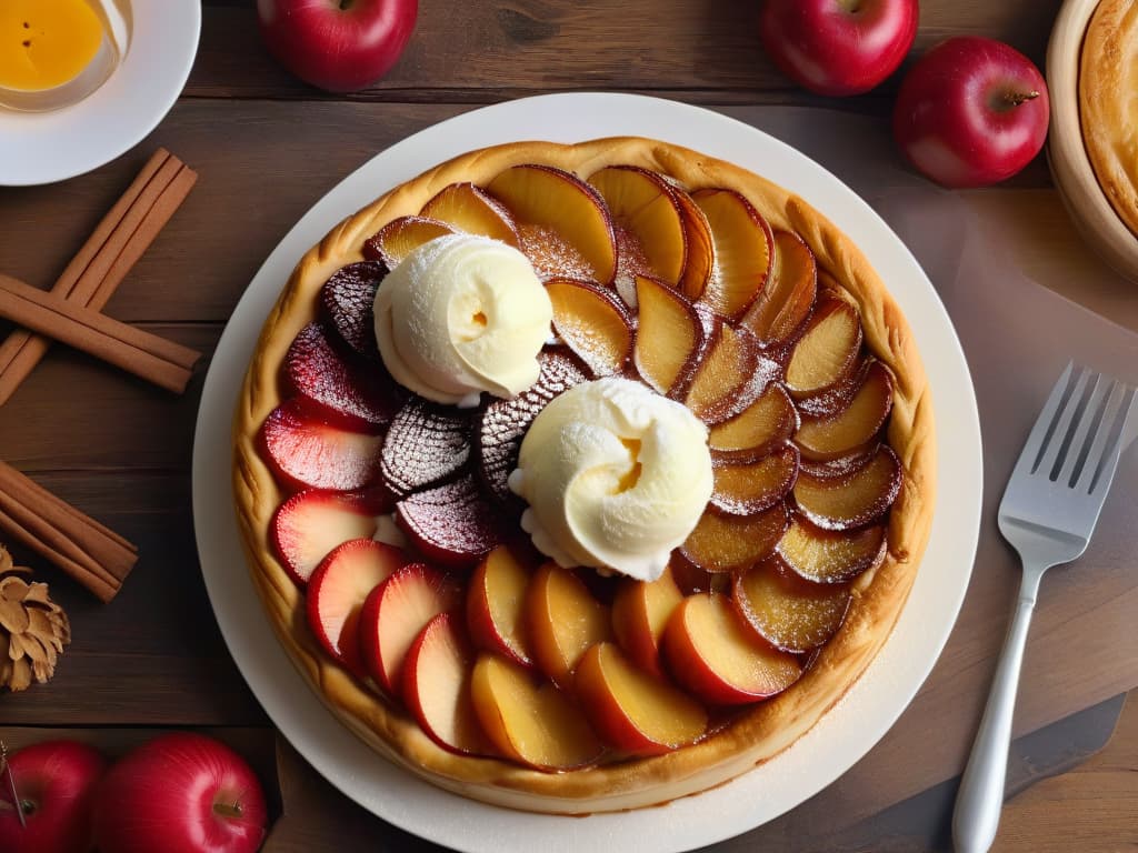  A beautifully crafted, photorealistic image of a goldenbrown and perfectly caramelized Tarte Tatin with a flaky, buttery crust, topped with a generous scoop of decadent vanilla ice cream melting slightly on top. The apples are arranged in a stunning spiral pattern, glistening with a shiny glaze, and a sprinkle of cinnamon adds a touch of warmth to the scene. The background features a rustic wooden table with soft natural lighting highlighting the textures and colors of the dessert, making it look absolutely irresistible. hyperrealistic, full body, detailed clothing, highly detailed, cinematic lighting, stunningly beautiful, intricate, sharp focus, f/1. 8, 85mm, (centered image composition), (professionally color graded), ((bright soft diffused light)), volumetric fog, trending on instagram, trending on tumblr, HDR 4K, 8K