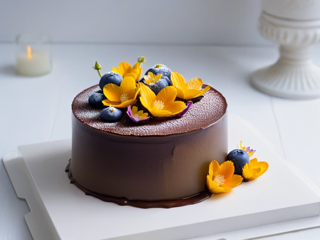  An ultradetailed, 8k resolution image of a perfectly plated dessert masterpiece, featuring intricate layers of delicate sponge cake, rich layers of decadent chocolate ganache, a glossy mirror glaze finish, and topped with elegant edible flowers and gold leaf accents. The dessert sits on a sleek, minimalist white plate, set against a simple, clean backdrop to highlight the precision and artistry of the presentation. hyperrealistic, full body, detailed clothing, highly detailed, cinematic lighting, stunningly beautiful, intricate, sharp focus, f/1. 8, 85mm, (centered image composition), (professionally color graded), ((bright soft diffused light)), volumetric fog, trending on instagram, trending on tumblr, HDR 4K, 8K