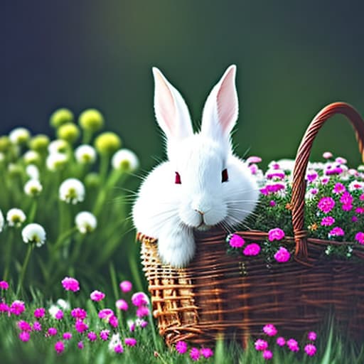  White rabbit with red eyes sitting in a pile of grass and flowers of all sorts sitting in a basket hyperrealistic, full body, detailed clothing, highly detailed, cinematic lighting, stunningly beautiful, intricate, sharp focus, f/1. 8, 85mm, (centered image composition), (professionally color graded), ((bright soft diffused light)), volumetric fog, trending on instagram, trending on tumblr, HDR 4K, 8K