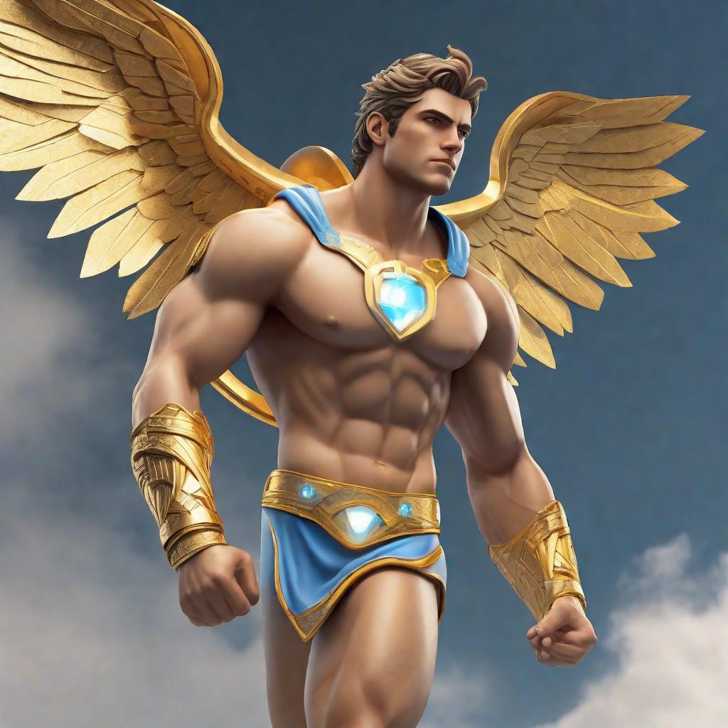  A superhero man with an angelic vibe, he’s tall and muscular, he’s all pale and marble like body like a Greek statue, he wears only blue briefs with a golden belt, Roman yellow sandals, and a halo like headpiece, has golden chunky bracelets, and has big blue glowy eyes. hyperrealistic, full body, detailed clothing, highly detailed, cinematic lighting, stunningly beautiful, intricate, sharp focus, f/1. 8, 85mm, (centered image composition), (professionally color graded), ((bright soft diffused light)), volumetric fog, trending on instagram, trending on tumblr, HDR 4K, 8K