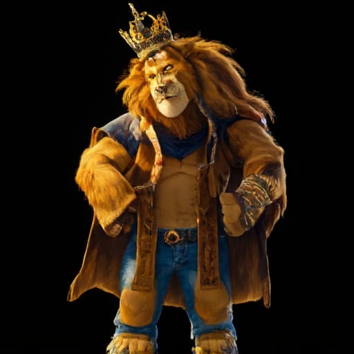  (a lion king wearing blue jean),wearing crown, bulky body, ghibli style, real, vibrant colors, hdr, enhance, jungle((plain black background)), masterpiece, highly detailed, 4k, hq, separate colors, bright colors