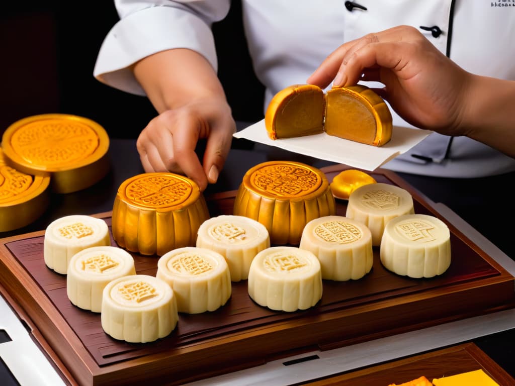  An ultradetailed closeup image of a chef's hands meticulously crafting a traditional mooncake, showcasing the intricate details of the pastry dough being carefully shaped and molded into the iconic round mooncake form. The image captures the precision and skill involved in the preparation process, with every fold and crease of the dough highlighted in stunning clarity, emphasizing the artistry and tradition behind creating this beloved treat for the Festival del Medio Otoño. hyperrealistic, full body, detailed clothing, highly detailed, cinematic lighting, stunningly beautiful, intricate, sharp focus, f/1. 8, 85mm, (centered image composition), (professionally color graded), ((bright soft diffused light)), volumetric fog, trending on instagram, trending on tumblr, HDR 4K, 8K