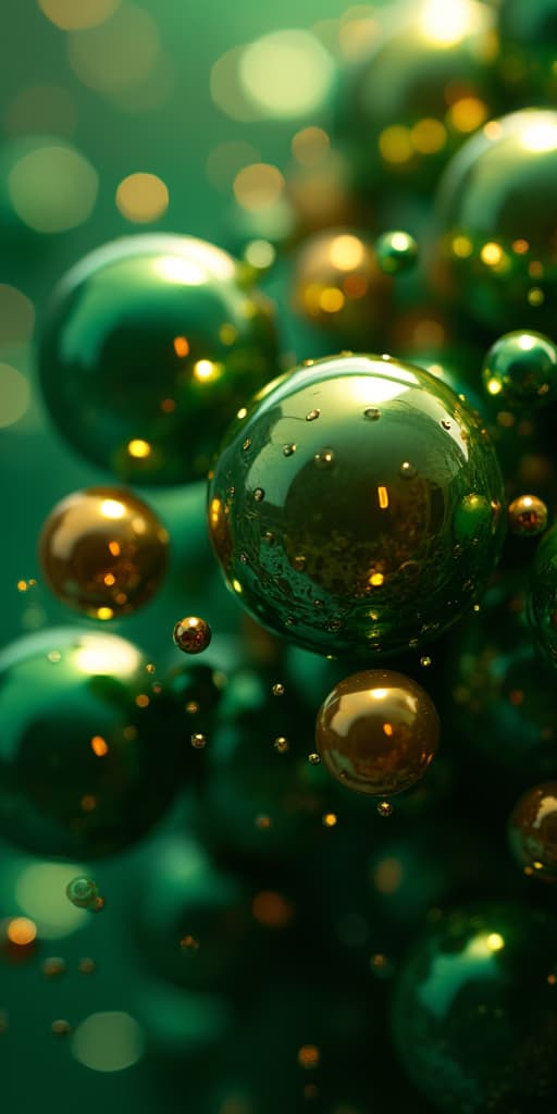  good quality, high quality, dynamic abstract composition featuring green and gold spheres with reflective surfaces, creating a visually striking and futuristic design. perfect for modern art and tech themed projects.