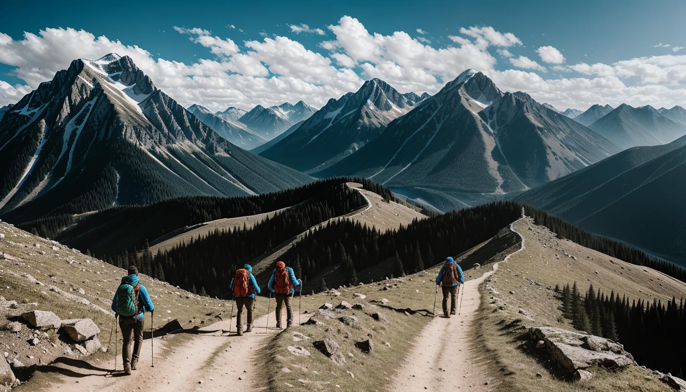  digital illustration, A mountain trail, two figures geared up for a hike, mid step capturing dynamism, backdrop of rugged terrain and scenic beauty, detailed landscape elements, sense of adventure and shared journey, looking at viewer, dynamic pose, (intricate details, masterpiece, best quality)