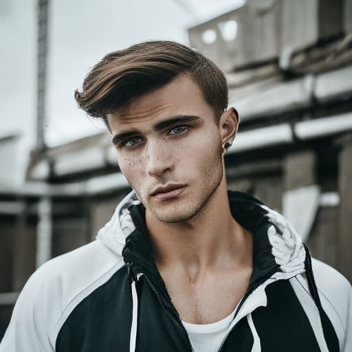 portrait+ style Russian queer fitness model brunette hunk dude face