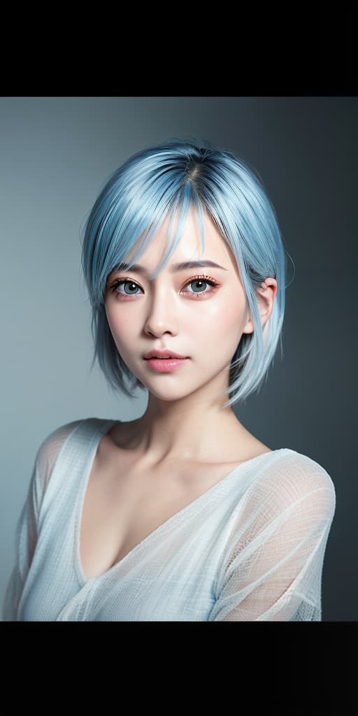  The eyes are large and beautiful smiles, J cup glossy hair shortcut light light blue hair whole body, (Masterpiece, BestQuality:1.3), (ultra detailed:1.2), (hyperrealistic:1.3), (RAW photo:1.2),High detail RAW color photo, professional photograph, (Photorealistic:1.4), (realistic:1.4), ,professional lighting, (japanese), beautiful face, (realistic face)