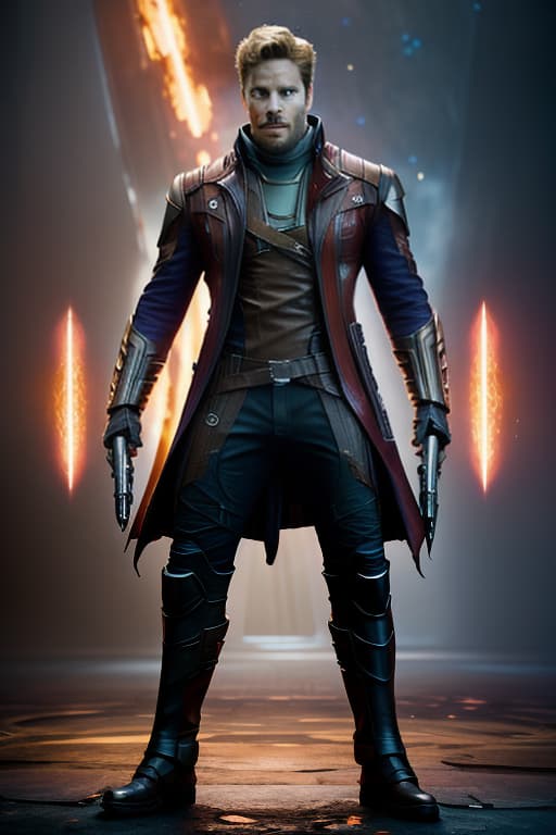  Guardians of the Galaxy, Star Lord hyperrealistic, full body, detailed clothing, highly detailed, cinematic lighting, stunningly beautiful, intricate, sharp focus, f/1. 8, 85mm, (centered image composition), (professionally color graded), ((bright soft diffused light)), volumetric fog, trending on instagram, trending on tumblr, HDR 4K, 8K