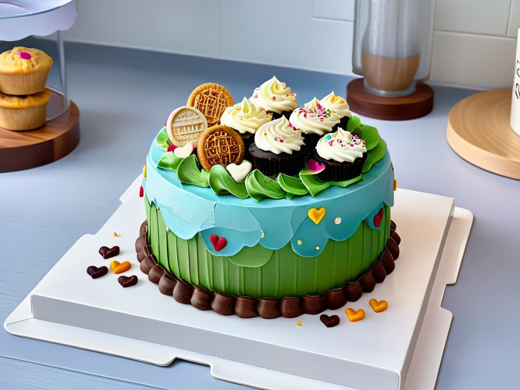  An intricately detailed 3D virtual cupcake and cookie platter displayed on a modern kitchen countertop, showcasing vibrant colors, precise textures, and realistic lighting to emphasize the fusion of augmented reality with creative baking. The cupcakes are topped with intricate fondant designs, while the cookies feature intricate icing patterns, all looking irresistibly delicious and expertly crafted. The scene is set against a sleek, minimalist backdrop, highlighting the futuristic yet approachable nature of augmented reality in the realm of creative pastry design. hyperrealistic, full body, detailed clothing, highly detailed, cinematic lighting, stunningly beautiful, intricate, sharp focus, f/1. 8, 85mm, (centered image composition), (professionally color graded), ((bright soft diffused light)), volumetric fog, trending on instagram, trending on tumblr, HDR 4K, 8K