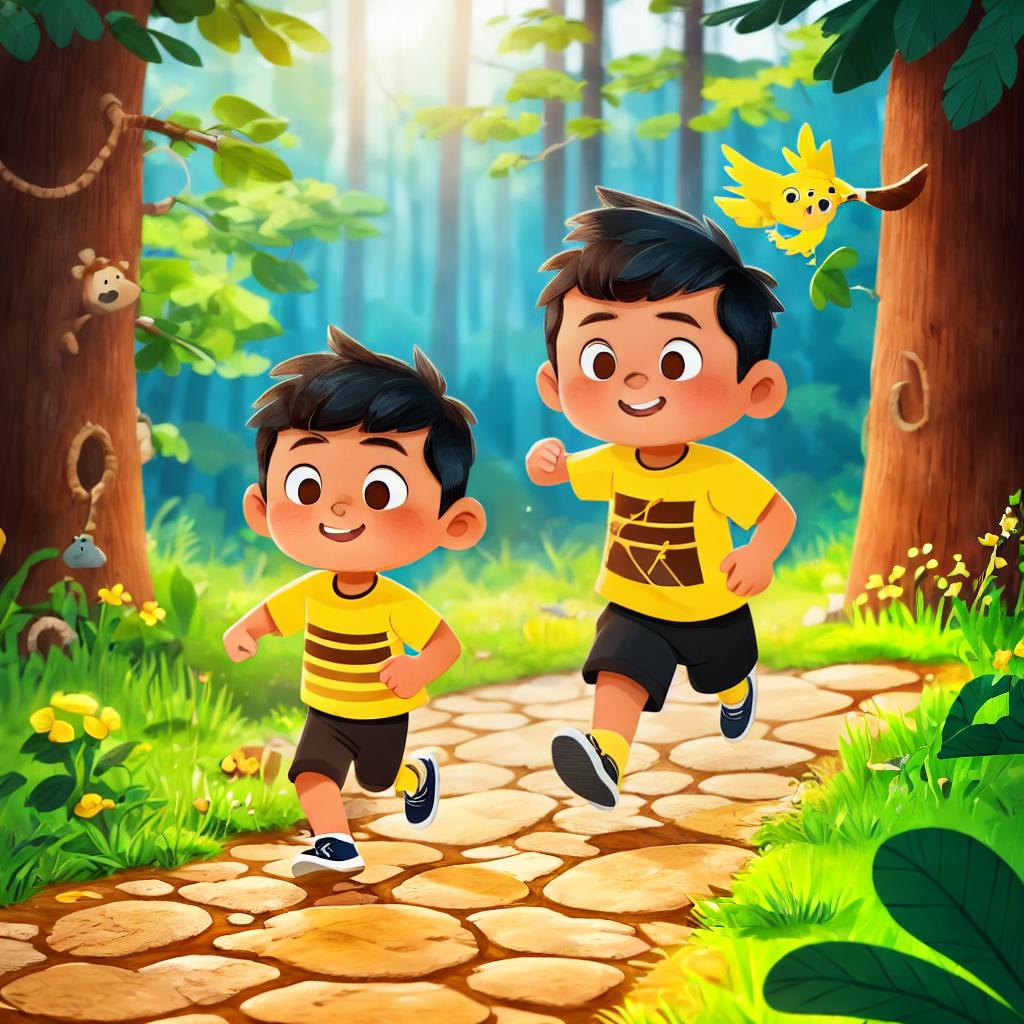  a boy with black short hair, brown shirt and yellow pants is running, a bear is standing, in the cabin, dim light