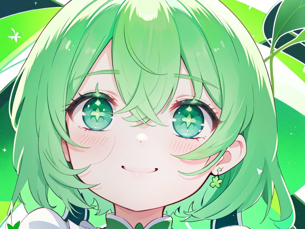  Four leaf clover, smiling, green hair, masterpiece, best quality,8k,ultra detailed,high resolution,an extremely delicate and beautiful,hyper detail