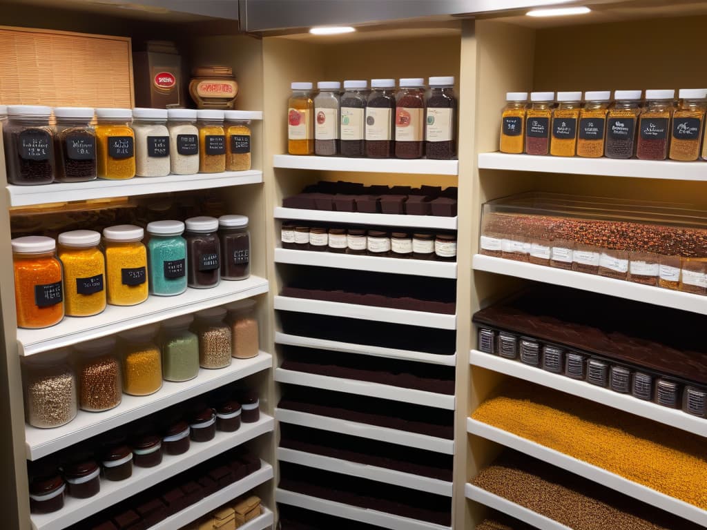  An ultradetailed closeup image of a pristine, organized pantry shelf in a kitchen, showcasing neatly arranged jars of colorful sprinkles, stacks of baking chocolate, and rows of vanilla extract bottles, all labeled with elegant typography. The labels on the items are perfectly aligned, creating a visually appealing and harmonious display that exudes professionalism and inspires a sense of order and efficiency in inventory management for aspiring bakers. The lighting in the image is soft and natural, highlighting the vibrant colors of the ingredients and giving the scene a serene and inviting ambiance. hyperrealistic, full body, detailed clothing, highly detailed, cinematic lighting, stunningly beautiful, intricate, sharp focus, f/1. 8, 85mm, (centered image composition), (professionally color graded), ((bright soft diffused light)), volumetric fog, trending on instagram, trending on tumblr, HDR 4K, 8K