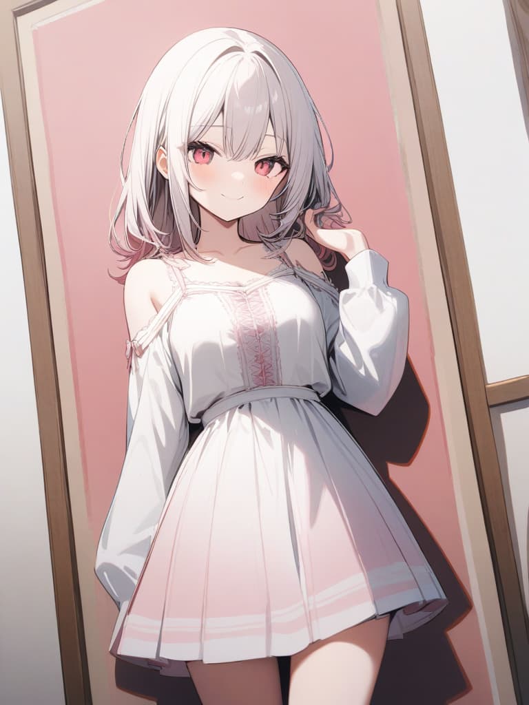  1 Girl, solo, white hair, dark pink, gradation, twosideup, long hair, smile, whole body, standing picture, red eye, sauce pink, cute, dark pink eyes, masterpiece, best quality,8k,ultra detailed,high resolution,an extremely delicate and beautiful,hyper detail