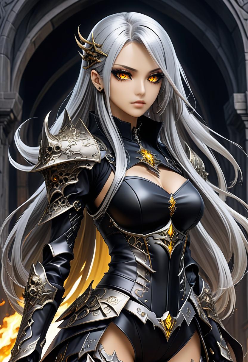  gothic style ((in detail)), ((masterpiece)), ((best quality)), ((Magnificent)), Breathtaking, Amazing, Anime, demonic creature (((full body))), born in the abyss of hell, a short and beautiful girl ((full height)), with brown skin, long silver hair, stern and hard gaze with golden eyes with vertical pupils, wears jet black open armor and helmet, half boots, long spear, moonlight, Night glow, Moon illumination, Moonlight, . dark, mysterious, haunting, dramatic, ornate, detailed hyperrealistic, full body, detailed clothing, highly detailed, cinematic lighting, stunningly beautiful, intricate, sharp focus, f/1. 8, 85mm, (centered image composition), (professionally color graded), ((bright soft diffused light)), volumetric fog, trending on instagram, trending on tumblr, HDR 4K, 8K