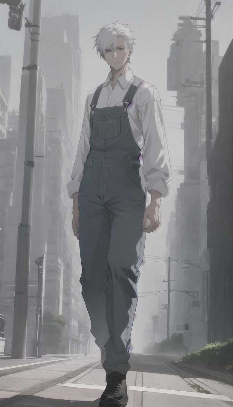  anime style of Shinji Aramaki, manga style of makoto shinkai, (man), (caucasian ethnicity, pale skin), young, wide body, blue eyes, slicked back hair, white hair, overalls white shirt clothing ,walking in park,  hyperrealistic, full body, detailed clothing, highly detailed, cinematic lighting, stunningly beautiful, intricate, sharp focus, f/1. 8, 85mm, (centered image composition), (professionally color graded), ((bright soft diffused light)), volumetric fog, trending on instagram, trending on tumblr, HDR 4K, 8K