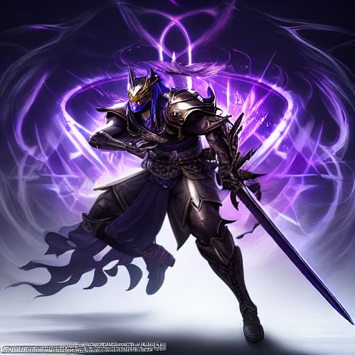  An purple armour wearing swordman with a mask who has shadow power hyperrealistic, full body, detailed clothing, highly detailed, cinematic lighting, stunningly beautiful, intricate, sharp focus, f/1. 8, 85mm, (centered image composition), (professionally color graded), ((bright soft diffused light)), volumetric fog, trending on instagram, trending on tumblr, HDR 4K, 8K