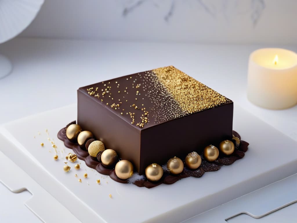  An image of a beautifully crafted artisanal chocolate tablet, placed on a sleek, modern marble countertop. The chocolate tablet is intricately decorated with delicate swirls and topped with a sprinkle of gold flakes, exuding elegance and luxury. The lighting is soft yet highlighting the richness of the chocolate, creating a visually appealing and enticing scene that perfectly complements the article's professional and inspirational tone. hyperrealistic, full body, detailed clothing, highly detailed, cinematic lighting, stunningly beautiful, intricate, sharp focus, f/1. 8, 85mm, (centered image composition), (professionally color graded), ((bright soft diffused light)), volumetric fog, trending on instagram, trending on tumblr, HDR 4K, 8K