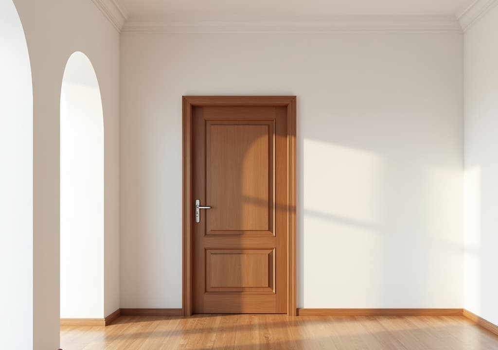  good quality, high quality, an elegant brown wooden door set against pure white walls in a minimalist interior with hardwood flooring, highlighted by soft ambient lighting and architectural details