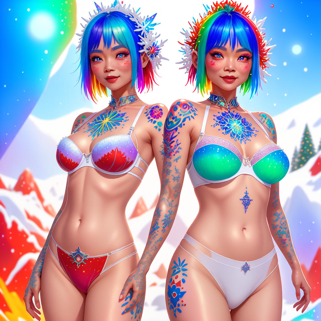 in OliDisco style (full-body photo), a Thai woman standing in a snow covearea with crystal, smile, blue asymmetrical bob with pink hair highlighting, breasts, lipstick, (white+red bra and G-String:1.3), sky, optic glasses, tree, (colorful tattoos:1.35), starry sky, Christmas, crystal park, sexy pose, ((finely detailed face)), professional photoshoot, muse, perfect anatomy, perfectly shapely body, detailed background, perfect body parts, perfect proportions, hyper-realism, professional compositions, perfect lighting, masterpiece, award winning, 8k, best quality, hyperrealistic