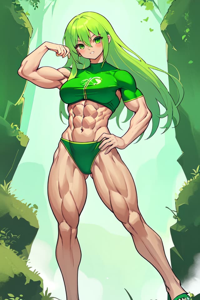  Green hair beautiful girl with beautiful abs, pose of bodybuilder