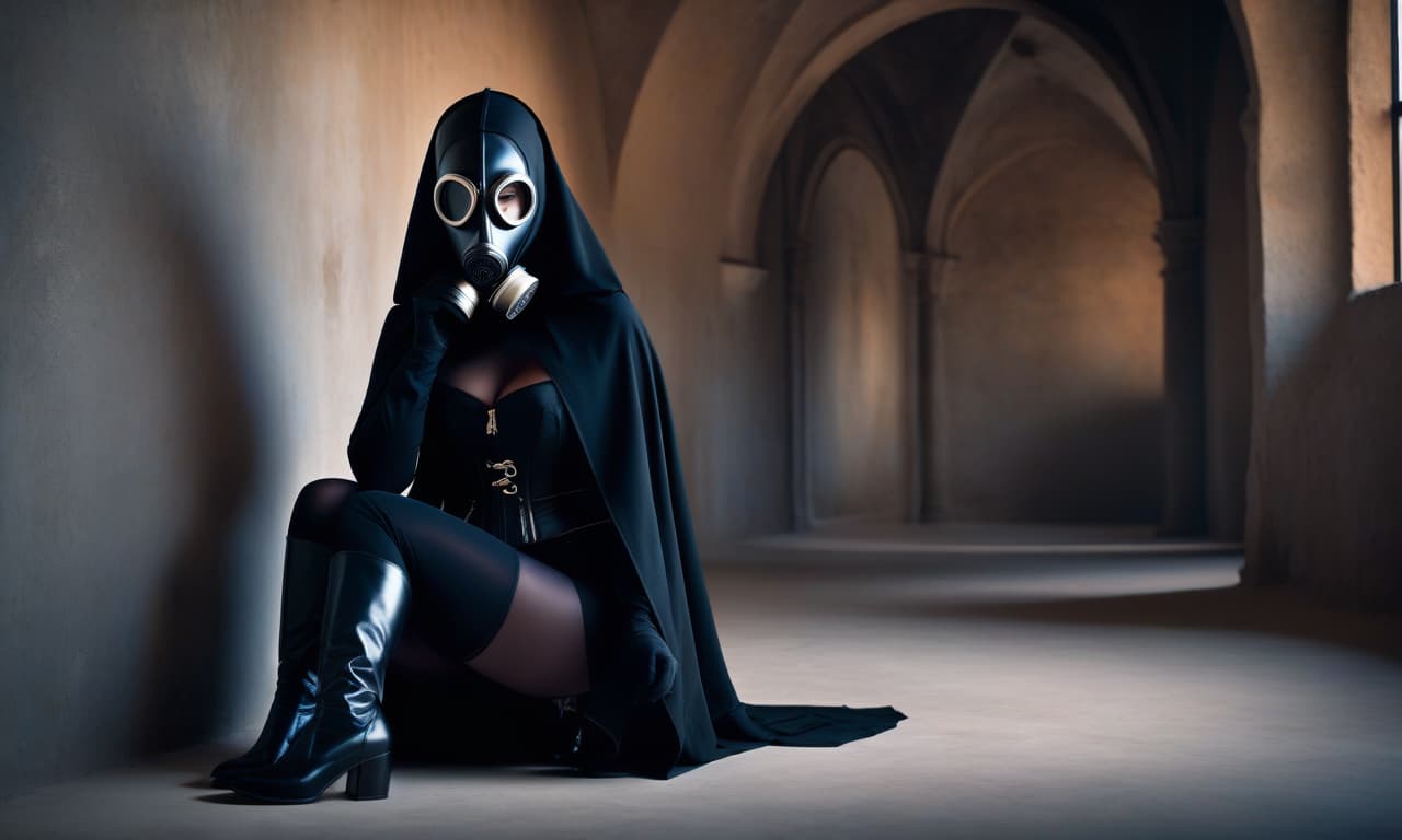  cinematic film still 4K, Strict Nun, full grown, pale skin, vividly painted eyes, plump lips, standing by the wall. On her head is a tightly fitting black gas mask, covering the entire head and face. The mask tightly covers the entire face. On her hands are white gloves. On her legs are white boots with a high heel, corset, (dark frame: 1.17), epic realism, grayish, (neutral colors), artistic, (hdr: 1.5), (desaturated colors: 1.2), with increased detail, (artstation: 1.5), cinematic, warm light, dramatic light, (complex details: 1.1), complex background, (Rutkovsky: 0.8), (blue and orange: 0.4), Detail, ((complex details)), hdr, ((complex details, highly detailed)) . shallow depth of field, vignette, highly detailed, high budget, bokeh, ci hyperrealistic, full body, detailed clothing, highly detailed, cinematic lighting, stunningly beautiful, intricate, sharp focus, f/1. 8, 85mm, (centered image composition), (professionally color graded), ((bright soft diffused light)), volumetric fog, trending on instagram, trending on tumblr, HDR 4K, 8K