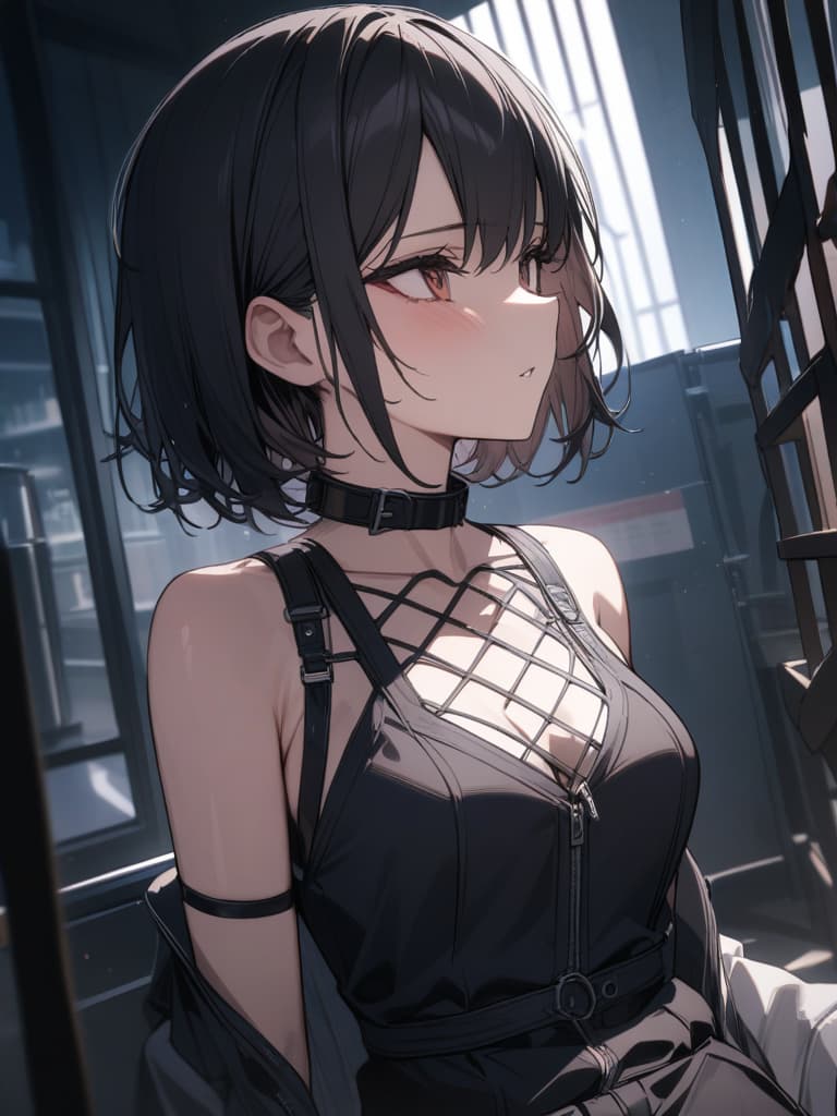  Gles, black hair, prison, , , , ,,,, inserted in vakina, , lab, collar, eyegles, gangliers, , , short hair, short hair., masterpiece, best quality,8k,ultra detailed,high resolution,an extremely delicate and beautiful,hyper detail