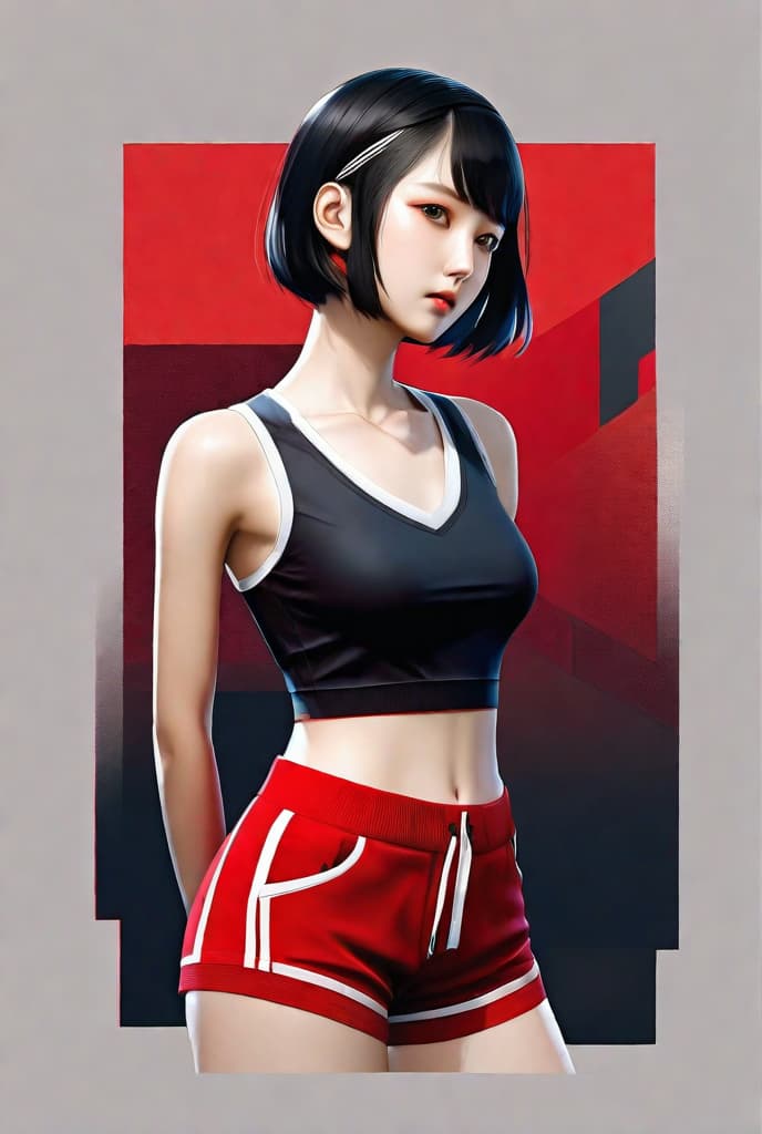  masterpiece, best quality, (fidelity:1.4), best quality, super high resolution, very detailed face, 8k resolution, asian girl, quiet, brooding, white and red skin, thin lips, low cut top, translucent, sleeveless, bare arms, black hair, hair tied, shorts, studio