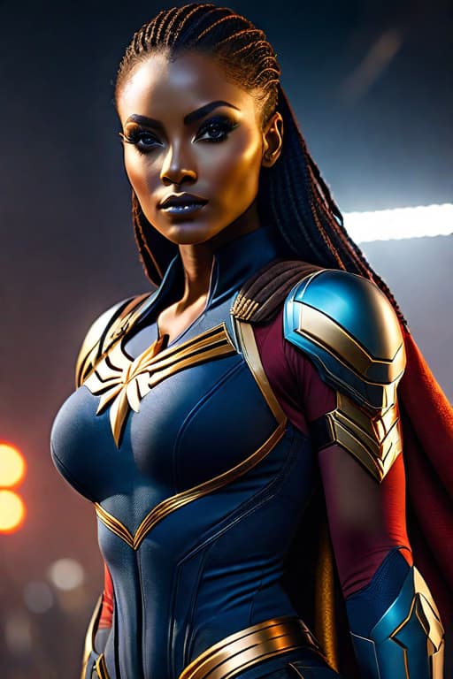  Women african super hero stood high, behind him, looking straight . hyperrealistic, full body, detailed clothing, highly detailed, cinematic lighting, stunningly beautiful, intricate, sharp focus, f/1. 8, 85mm, (centered image composition), (professionally color graded), ((bright soft diffused light)), volumetric fog, trending on instagram, trending on tumblr, HDR 4K, 8K