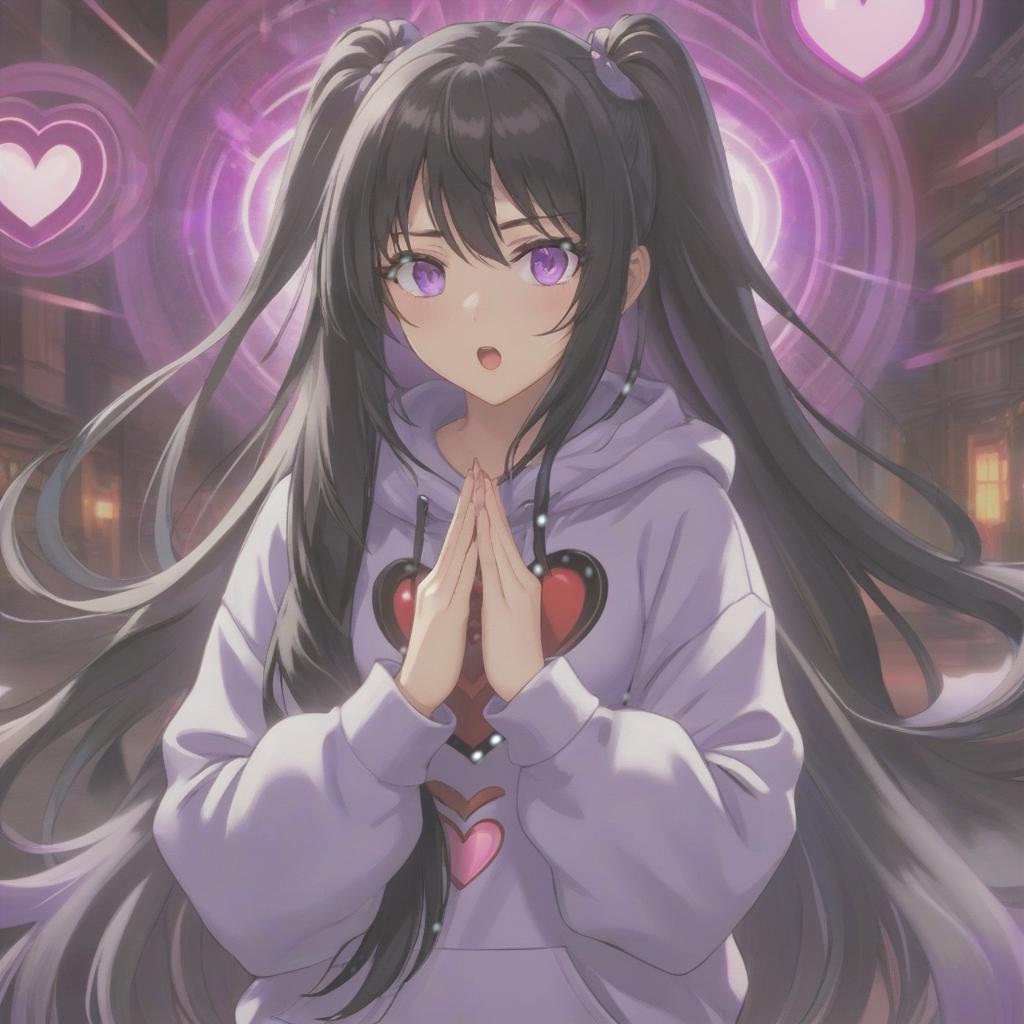  a girl with long black hair holding her hands to her face, glowing violet laser beam eyes, anime art, heart eyes, bite, adorable!!!, discord profile picture, eerie color, sweater, awwwww, imvu, looking at monitor, lavender blush, huge surprised eyes, evil smile, beautiful kawaii lighting hyperrealistic, full body, detailed clothing, highly detailed, cinematic lighting, stunningly beautiful, intricate, sharp focus, f/1. 8, 85mm, (centered image composition), (professionally color graded), ((bright soft diffused light)), volumetric fog, trending on instagram, trending on tumblr, HDR 4K, 8K