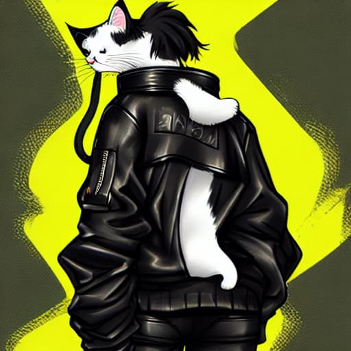  A cat wearing a leather jacket and a black jacket with a yellow tail