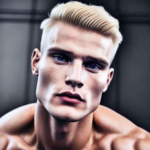 portrait+ style Russian queer fitness model blonde hunk dude face