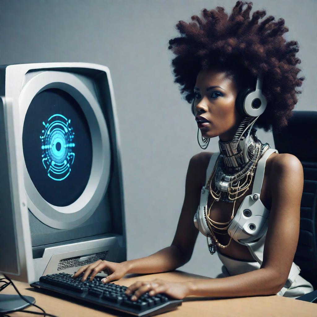  afrofuturistic woman speaking to the computer machine