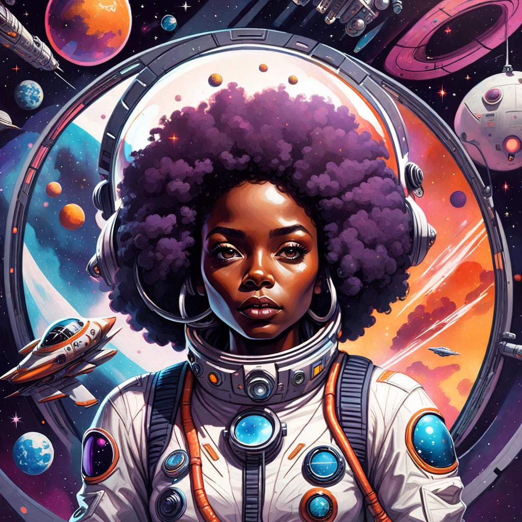  abstract artwork, intergalactic afro female astronaut in front of spaceship