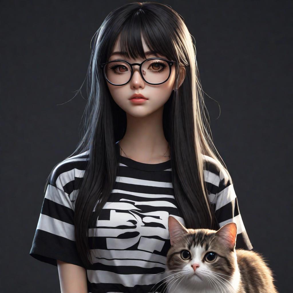  a cute  girl with dark very long loose hair and double bangs in a t-shirt with white and black horizontal stripes and polarized glasses is sad with a cat in a cute anime style on a dark background with an, cute, hyper detail, full HD hyperrealistic, full body, detailed clothing, highly detailed, cinematic lighting, stunningly beautiful, intricate, sharp focus, f/1. 8, 85mm, (centered image composition), (professionally color graded), ((bright soft diffused light)), volumetric fog, trending on instagram, trending on tumblr, HDR 4K, 8K