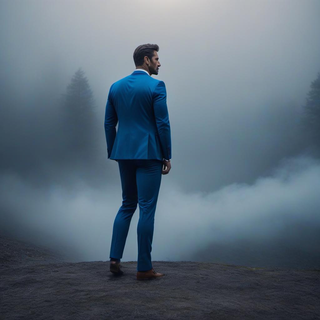  A businessman man in a blue jacket looks dejected and thoughtful. The full length shot is visible from the knee up. 4K quality. hyperrealistic, full body, detailed clothing, highly detailed, cinematic lighting, stunningly beautiful, intricate, sharp focus, f/1. 8, 85mm, (centered image composition), (professionally color graded), ((bright soft diffused light)), volumetric fog, trending on instagram, trending on tumblr, HDR 4K, 8K