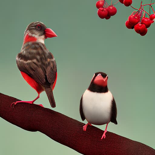 redshift style Some birds on a red berry tree talking to a sad lonely bird